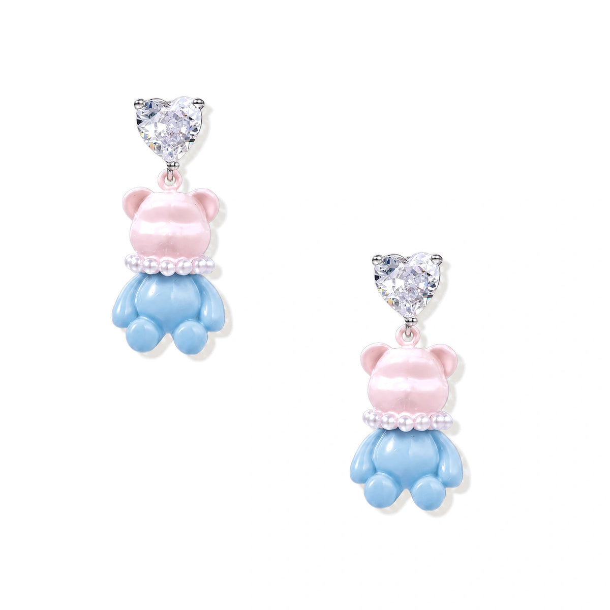 Pastel gradient teddy bear drop earrings with clear heart studs and pearl details on white background.
