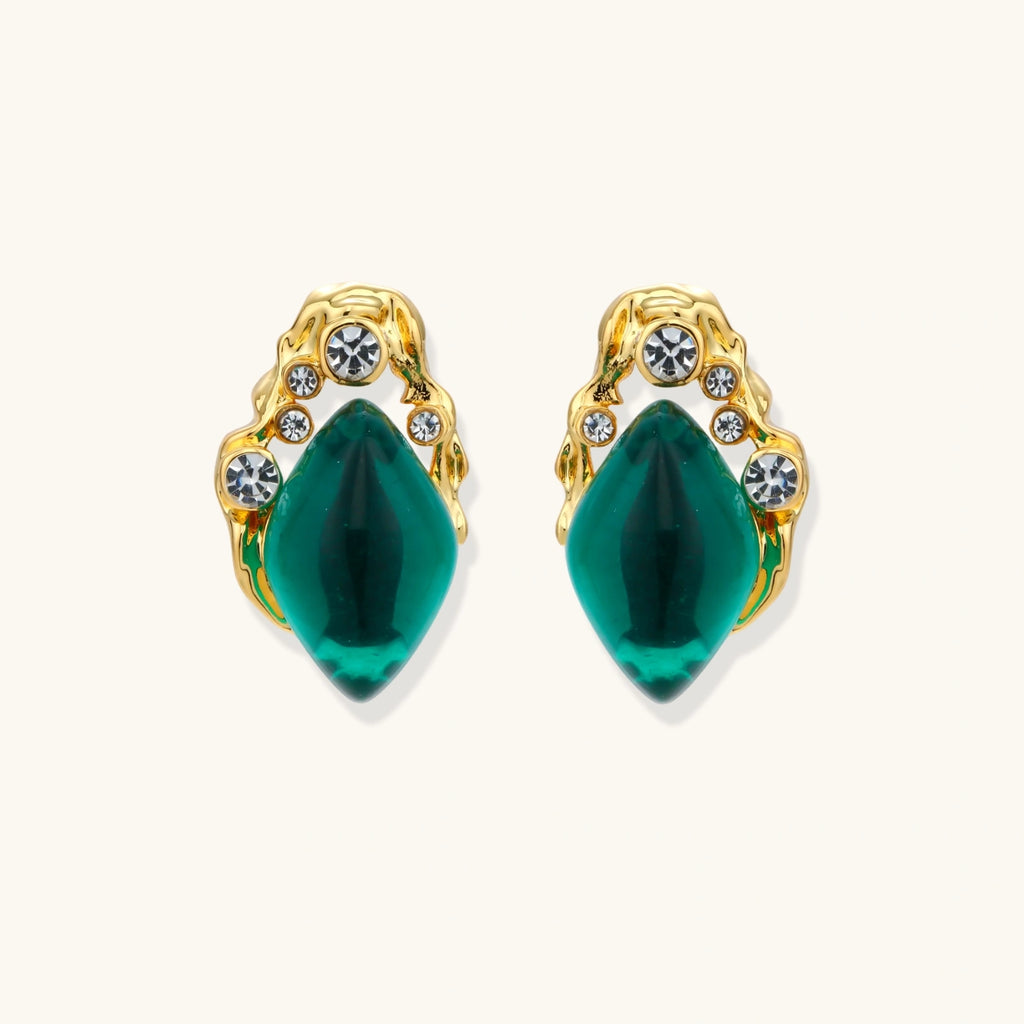 Gold stud earrings with emerald-cut green stone