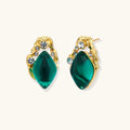 Gold stud earrings with emerald-cut green stone