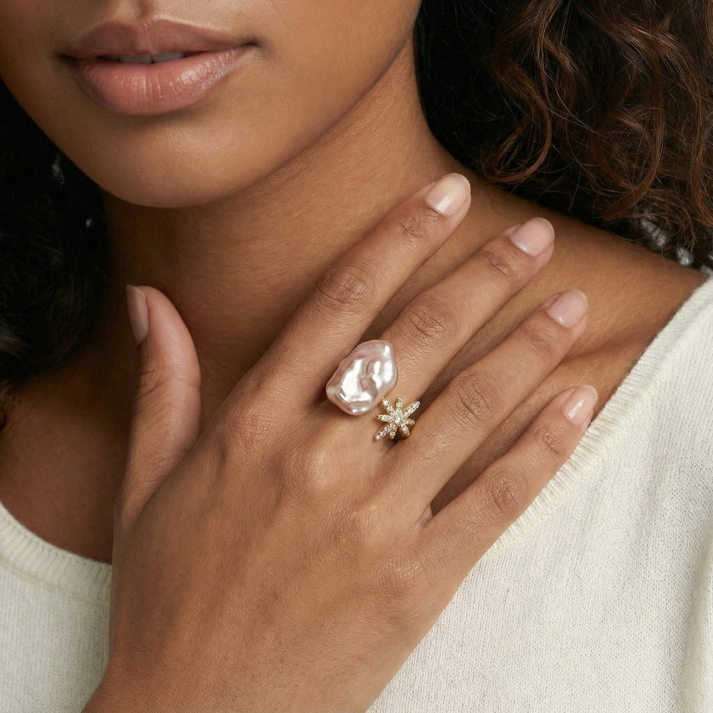 Gold ring with scattered pavé crystal star design