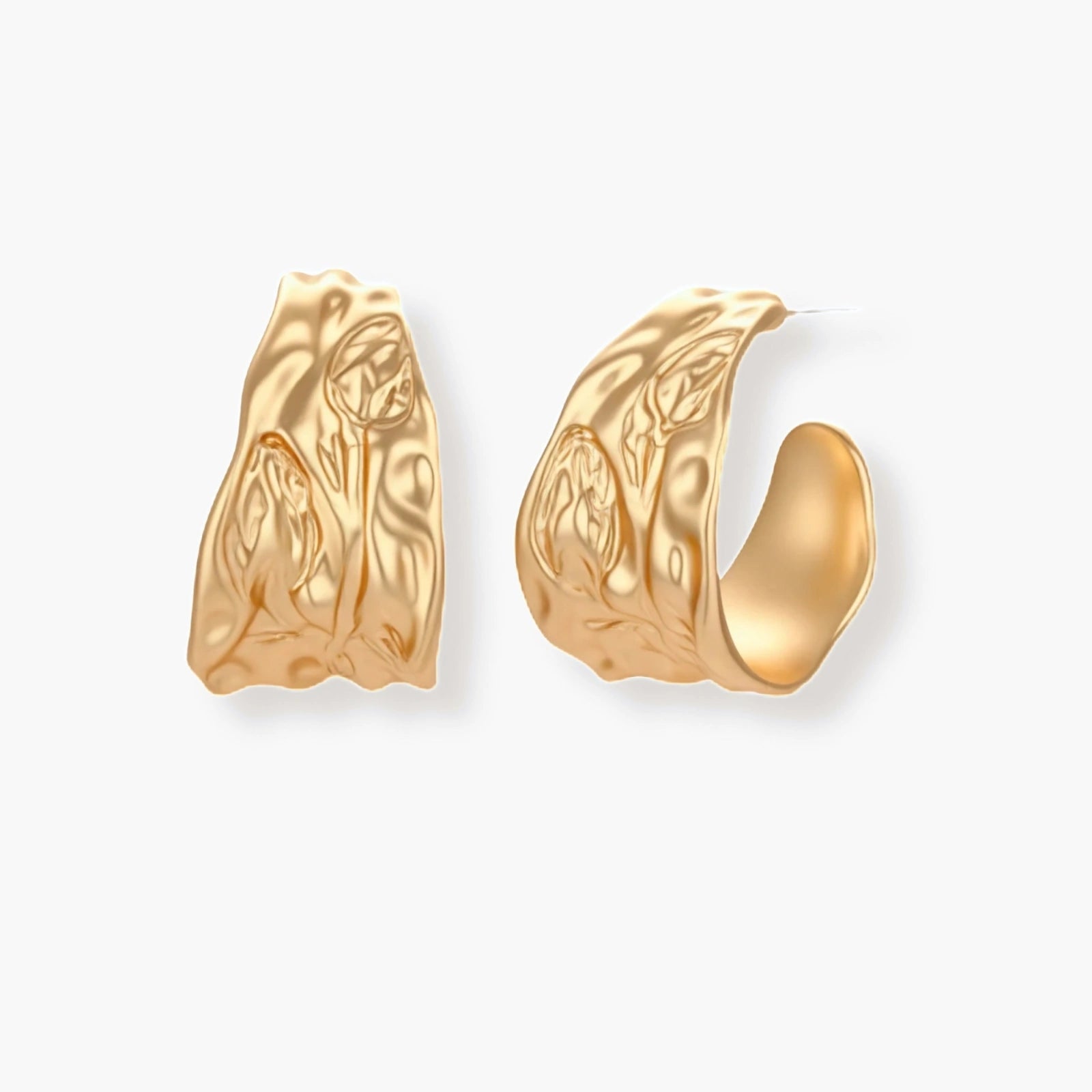 Close-up of textured hoop earrings with liquid metal ripple pattern in eco-zinc alloy with sterling silver posts.