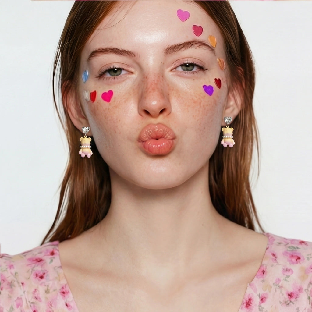 Honey Bear Kawaii Heart Earrings