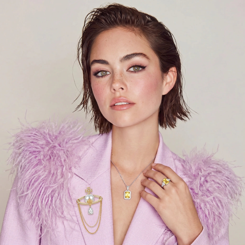 Woman wearing a pink feathered garment and jewelry against a plain background
