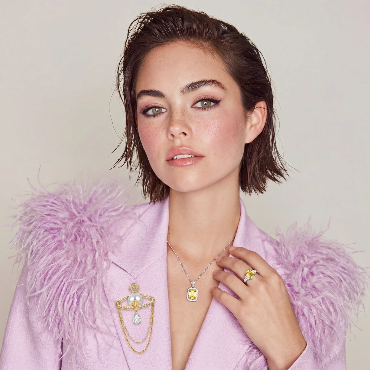 Woman wearing a pink feathered garment and jewelry against a plain background