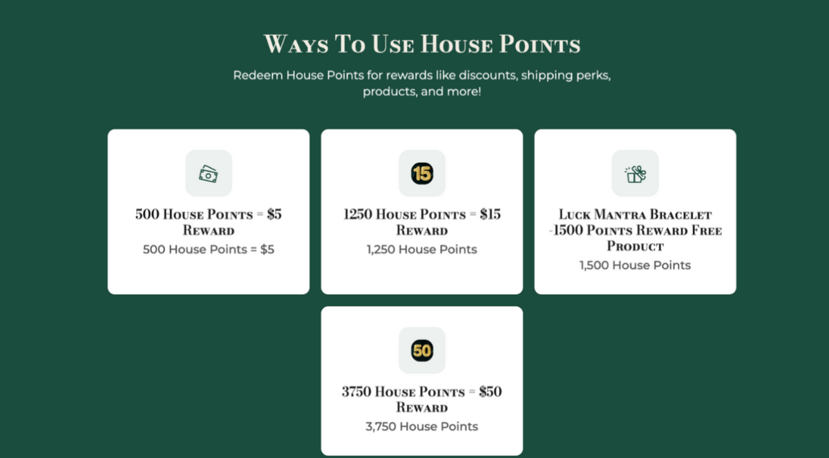 A dark green promotional graphic titled 'Ways To Use House Points' with five white reward cards showing point thresholds and rewards, including a Luck Mantra Bracelet.